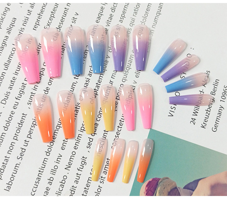 VMAE Fashion French Ballerina Nails Rainbow Color Nails Full Cover Long On Press Artificial Nails Tips Double Sticker