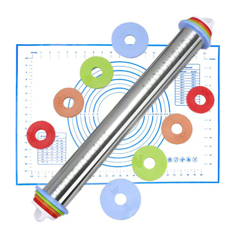 Hoe- selling Stainless Steel Rolling Pin and Pastry Baking Mat Set, Rolling Pins with Adjustable Thickness Rings