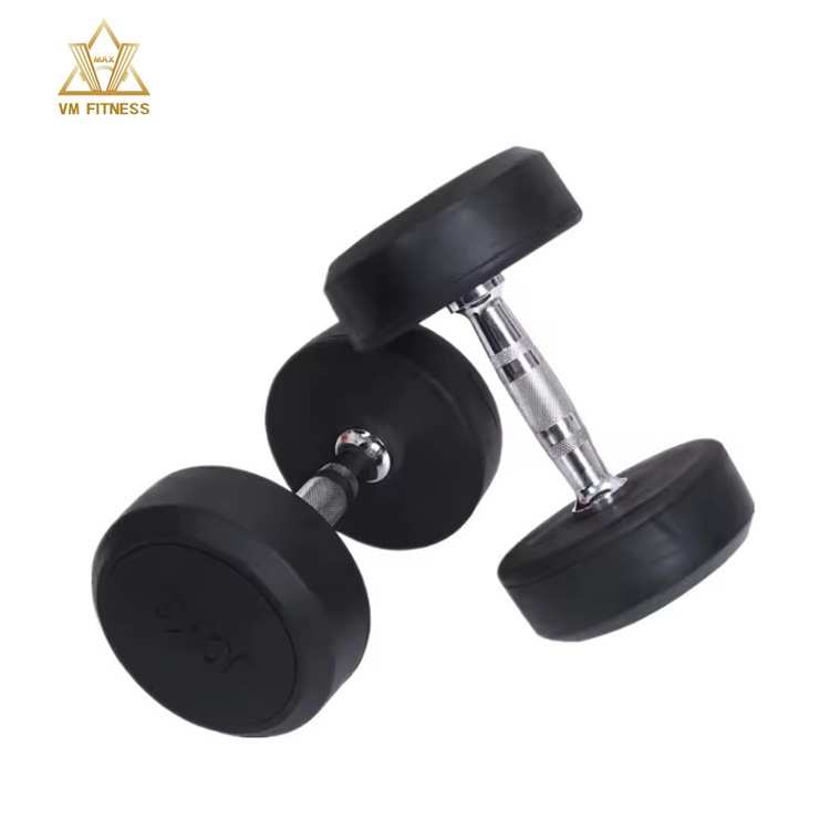 custom round head dumbbell Set 50kg home gym weights exercise with rack fitness equipment round head rubber dumbbell set 10kg