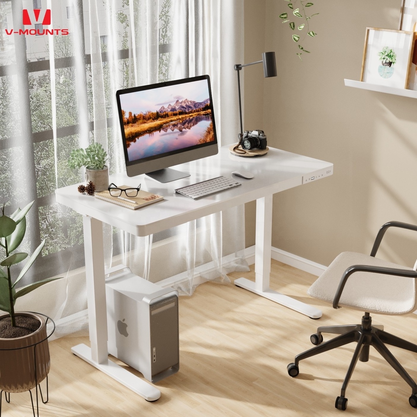 V-mounts environmentally friendly tempered glass desktop height adjustable single motor electric standing desk JSD5-01-G1