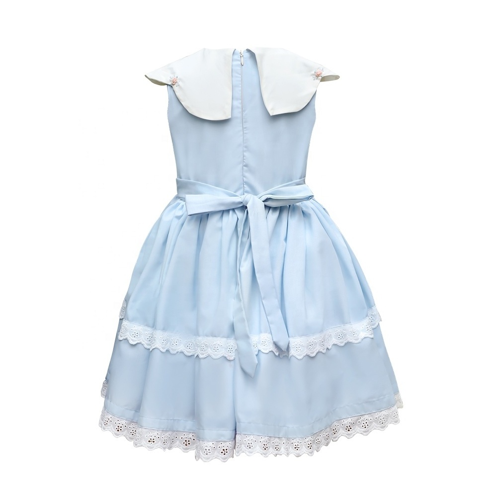 Wholesale Custom Boutique Sleeveless Hand Embroidery Flower Neckline Baby Girl Blue Cotton Dress Micah Dress