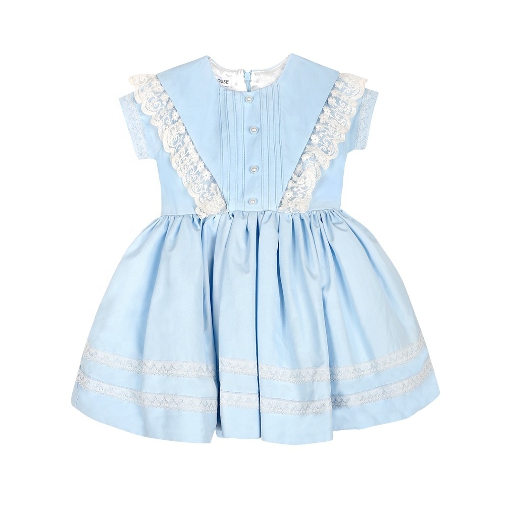 Custom Boutique High Quality Connect Lace For Sale Baby Girl Cotton Dress Blue Short Sleeves Billowy Multi-layer - Ciara Dress