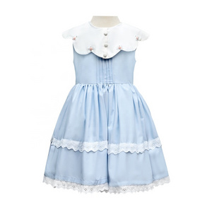 Wholesale Custom Boutique Sleeveless Hand Embroidery Flower Neckline Baby Girl Blue Cotton Dress Micah Dress