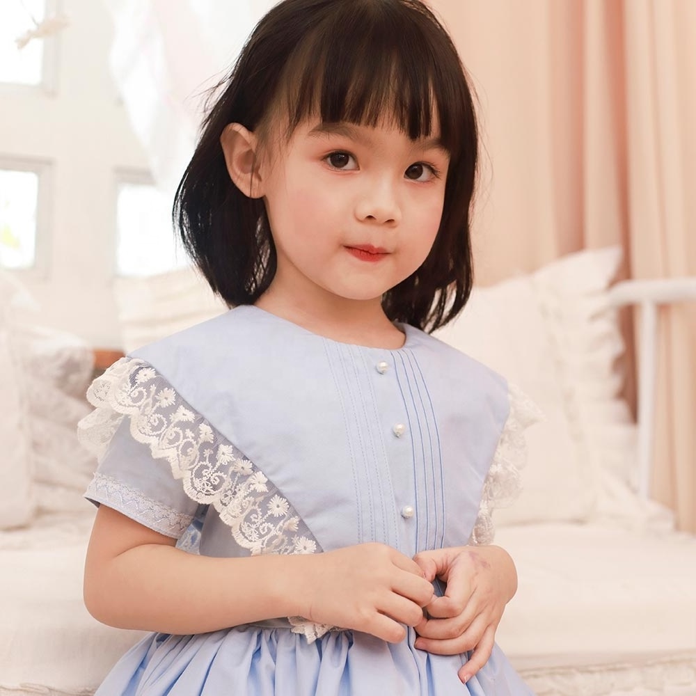 Custom Boutique High Quality Connect Lace For Sale Baby Girl Cotton Dress Blue Short Sleeves Billowy Multi-layer - Ciara Dress