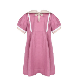 Vintage Summer Custom Style Baby Girl Dress Short Sleeves Sailor Collar 2 White Stripes Linen Dress Dark Pink, Blue and Stripe