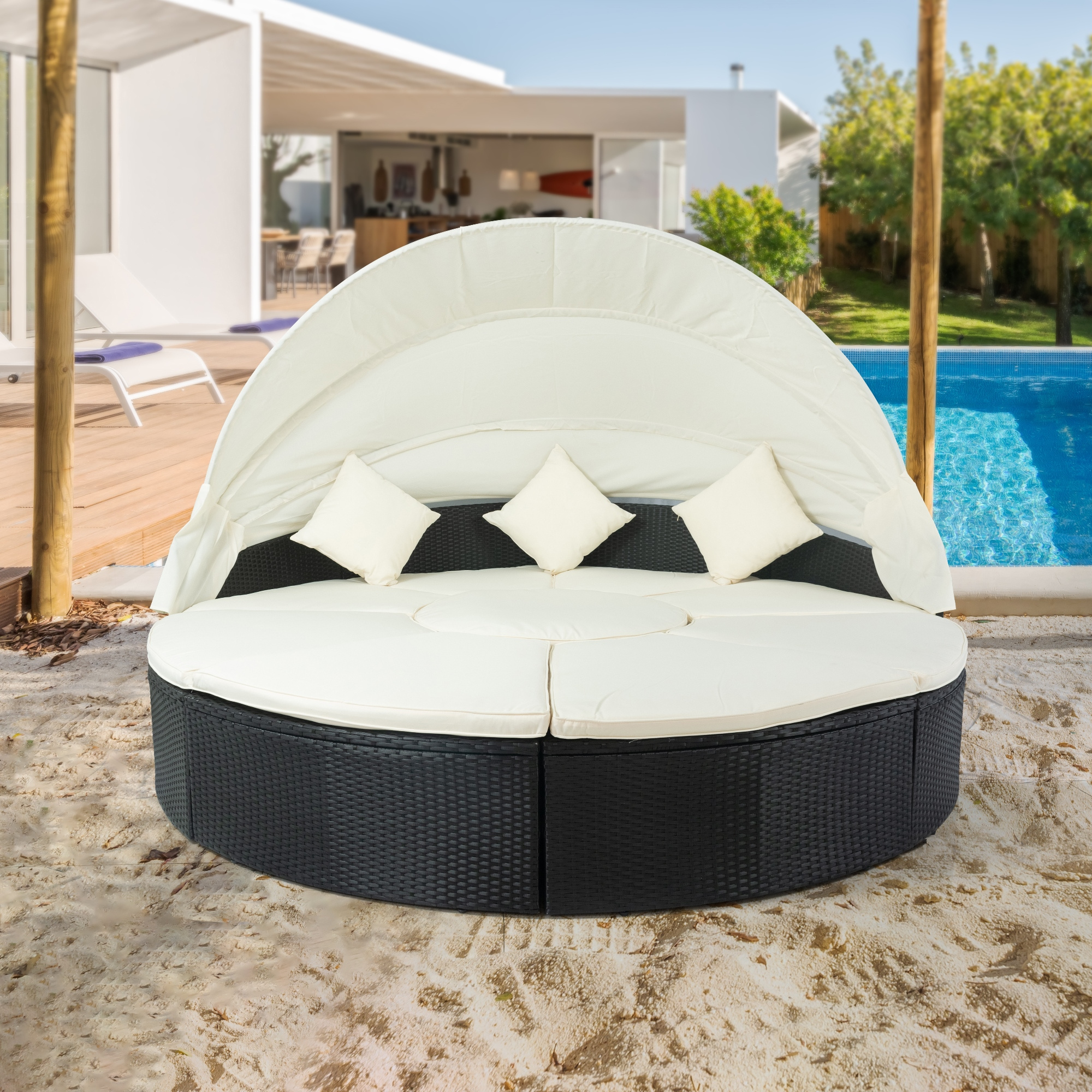 Hot Selling 2023 New Item Leisure Outdoor Rattan Round Sunbed 180cm For Home Villa Hotel Use