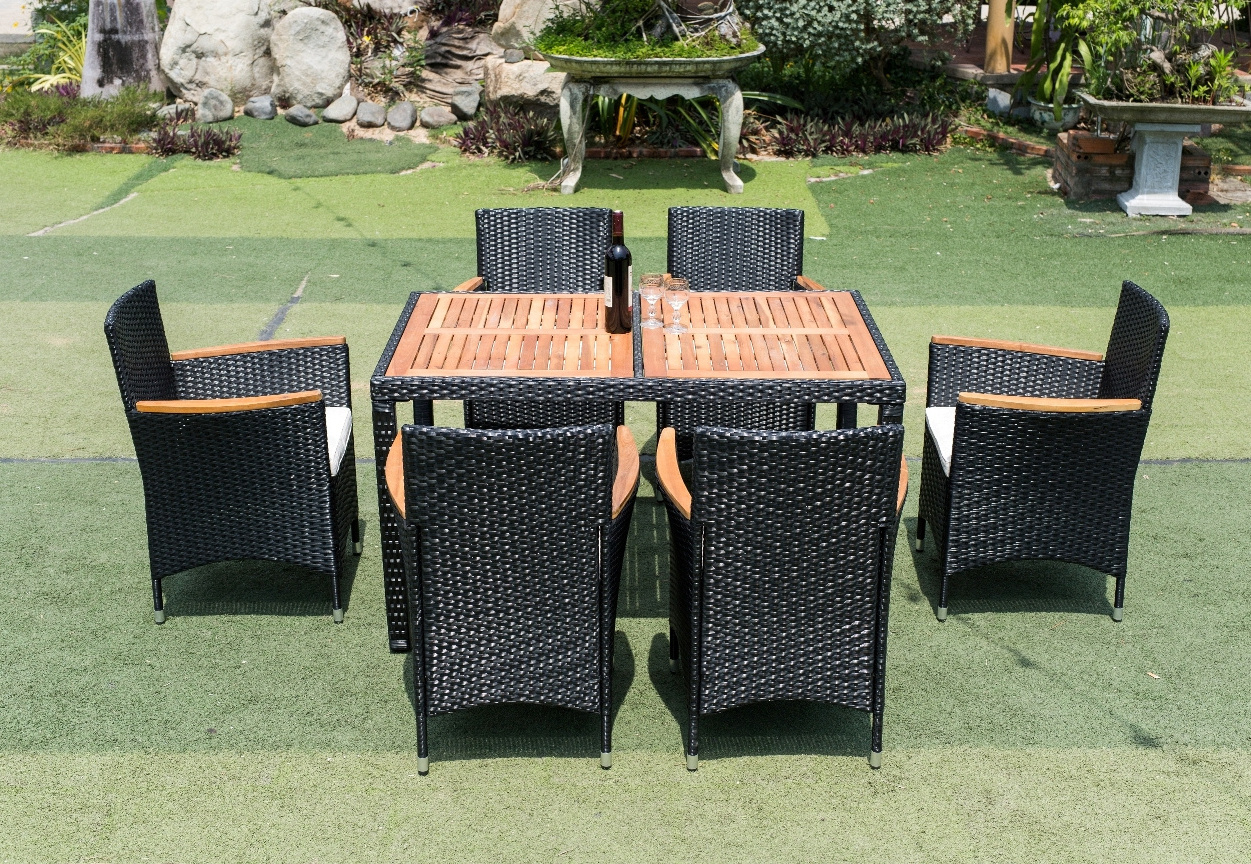 Hotest 2023 garden Furniture  Dining Set PE Poly Wicker Rattan Outdoor 6 Seater Modern Garden Sets with acacia wood