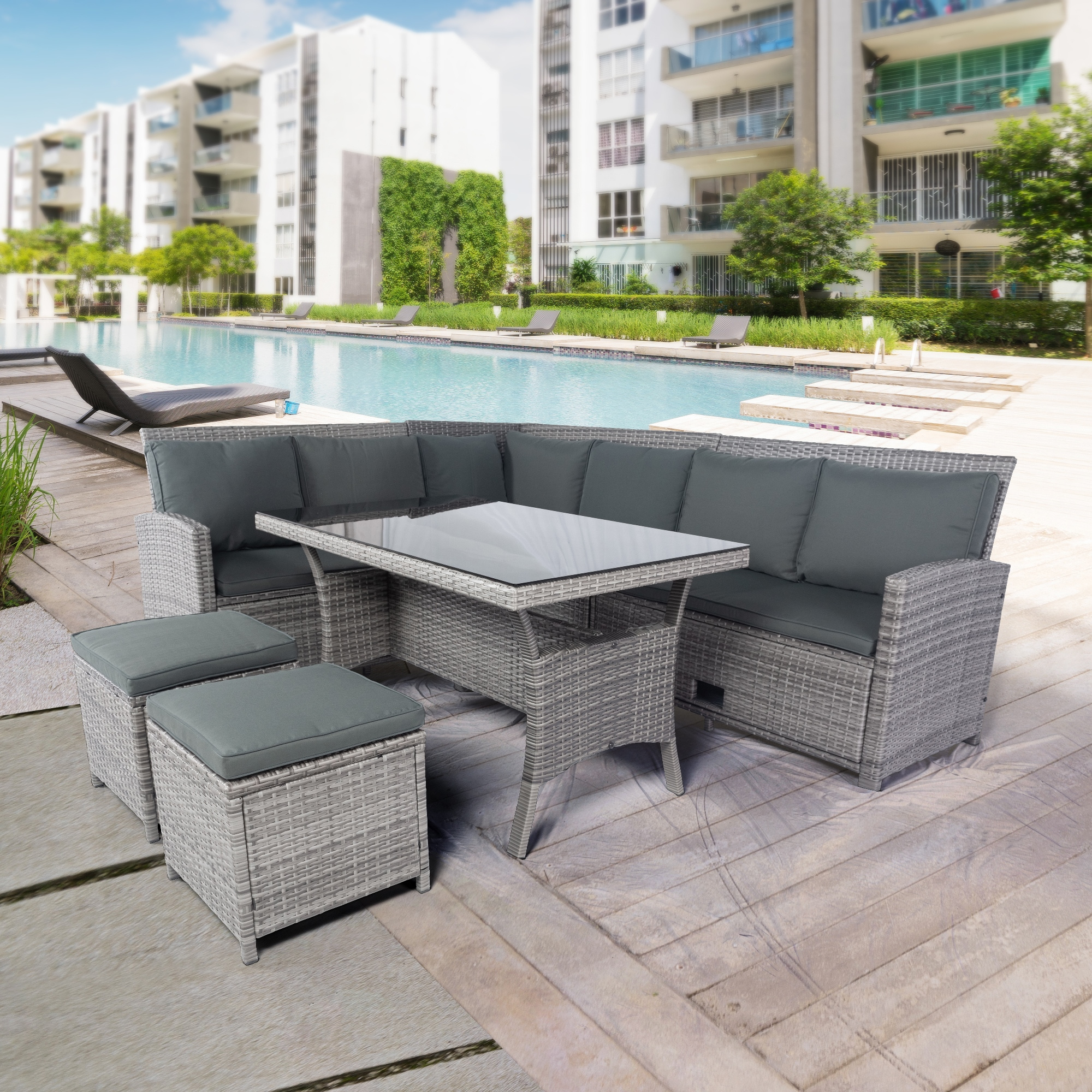 Outdoor Furniture, Outdoor, Garden Furniture - L shape corner dining set Powder Coated Rattan / Wicker