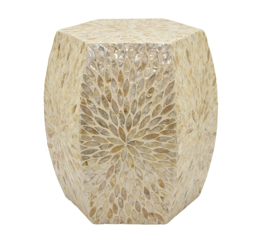 Unique Hexagonal Lacquer Iridescent Shell Mother Of Pearl Stool Ottoman From Vietnam