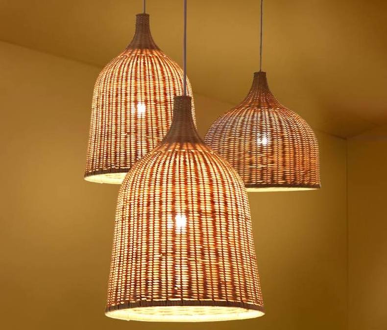 Vintage Wicker Lampshade Natural Geometric Antique Rattan Lamp Covers & Shades for Led Pendant Light