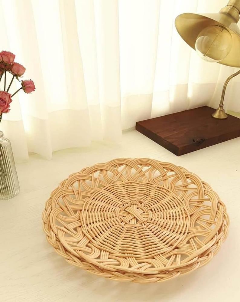 Round Handwoven Vietnam Bamboo Rattan Decorative Tray Set for Dinning Table