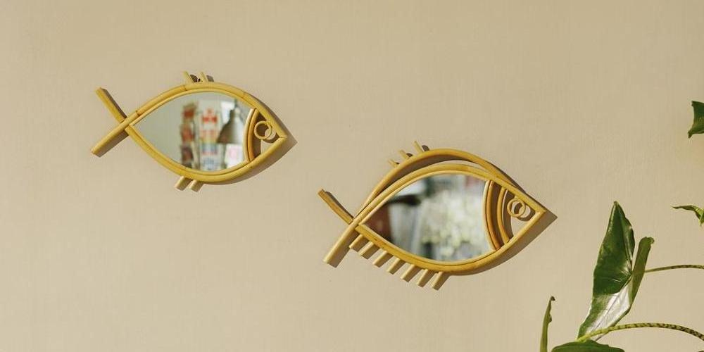 Cute Fish Interactive Impressive Handmade Sunburst Eye Cane Bamboo Rattan Vanity Mirror Interior Dresser Made In Vietnam