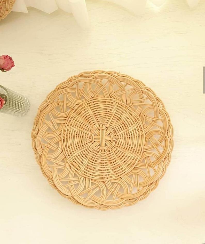 Round Handwoven Vietnam Bamboo Rattan Decorative Tray Set for Dinning Table