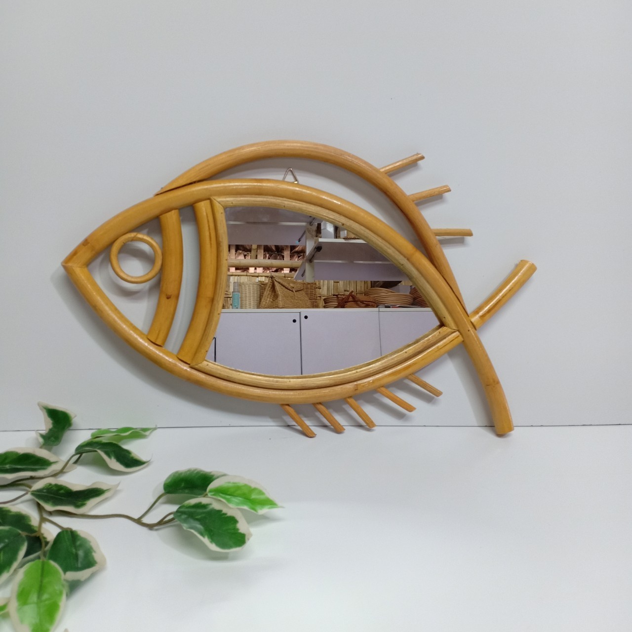 Fish Shape Rattan Wall Mirror For Home Decor