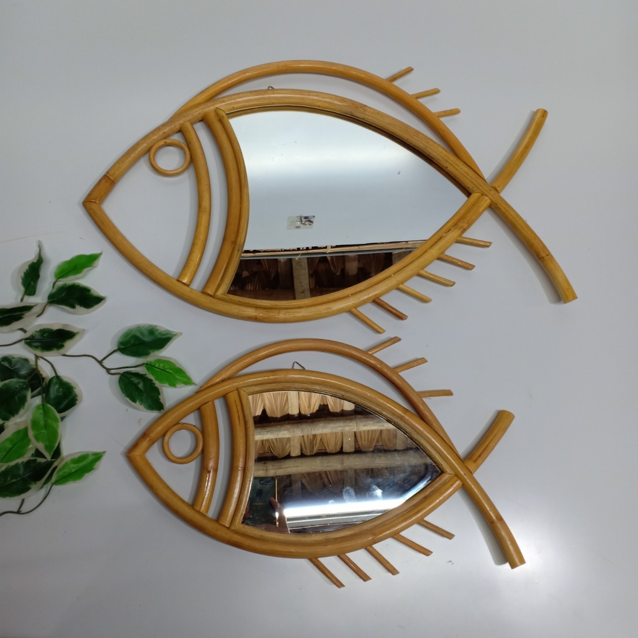 Fish Shape Rattan Wall Mirror For Home Decor