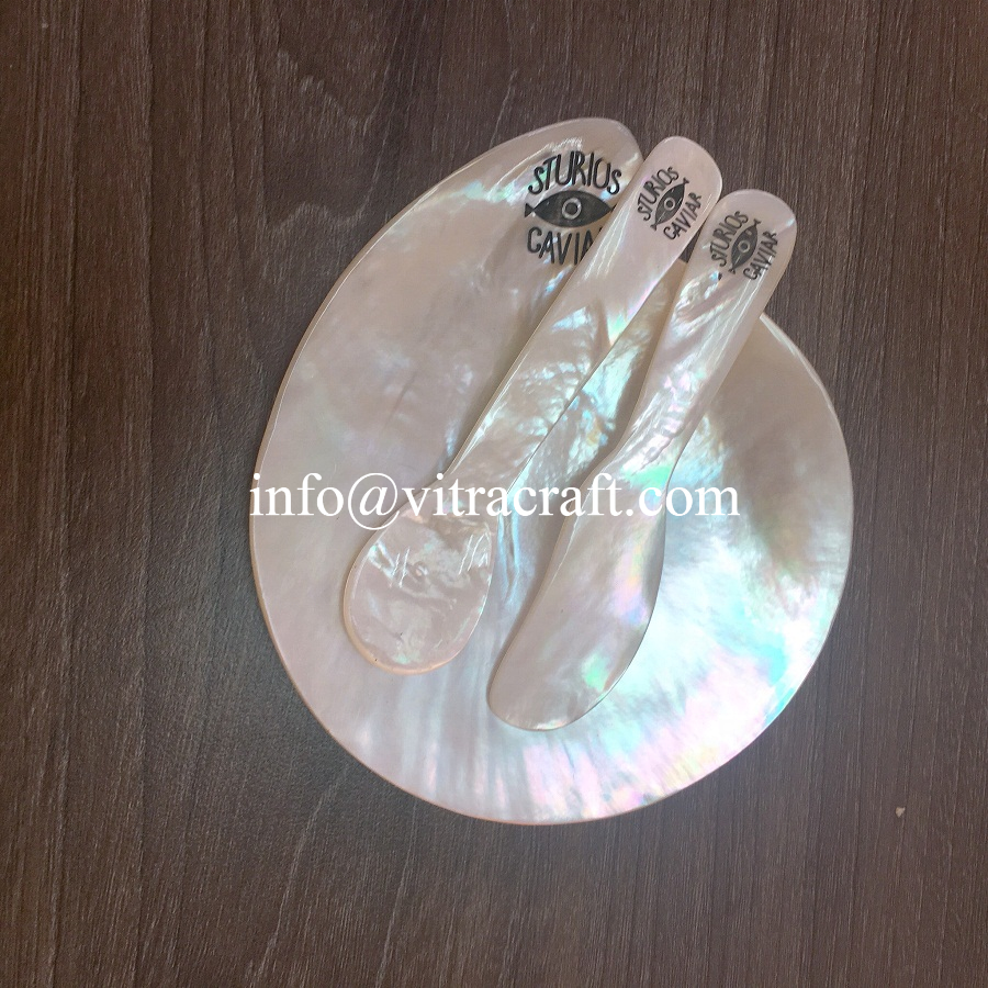 CUSTOMIZED LOGO Gold  Mother of Pearl Spoon Caviar spoon Mop Plate- Mother of pearl Cutlery set- Customized LOGO