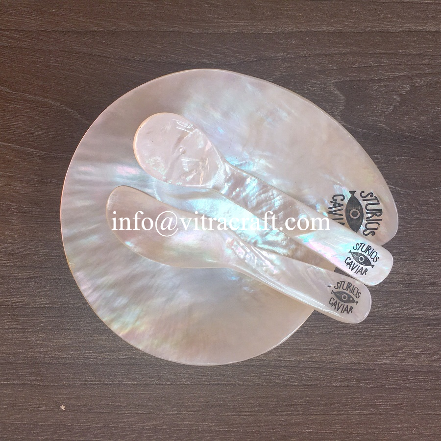 CUSTOMIZED LOGO Gold  Mother of Pearl Spoon Caviar spoon Mop Plate- Mother of pearl Cutlery set- Customized LOGO