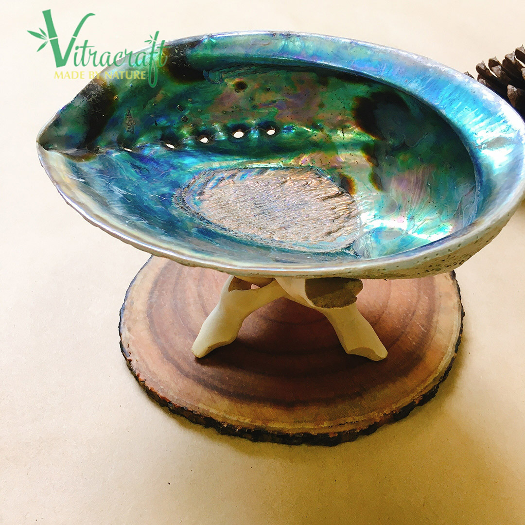 Large Rainbow Abalone Shell. Perfect for Smudging , Smudge Bowl , Large Smudge Bowl.Agarwood burning bowl with wooden base. Handmade Vietnam