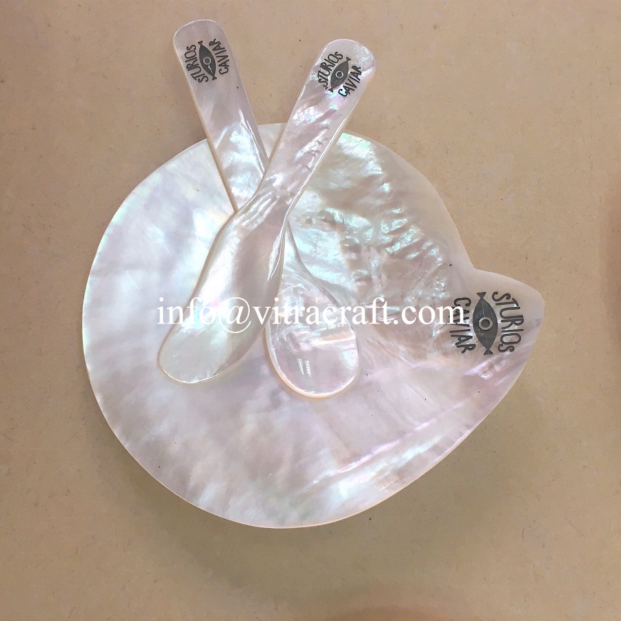 CUSTOMIZED LOGO Gold  Mother of Pearl Spoon Caviar spoon Mop Plate- Mother of pearl Cutlery set- Customized LOGO