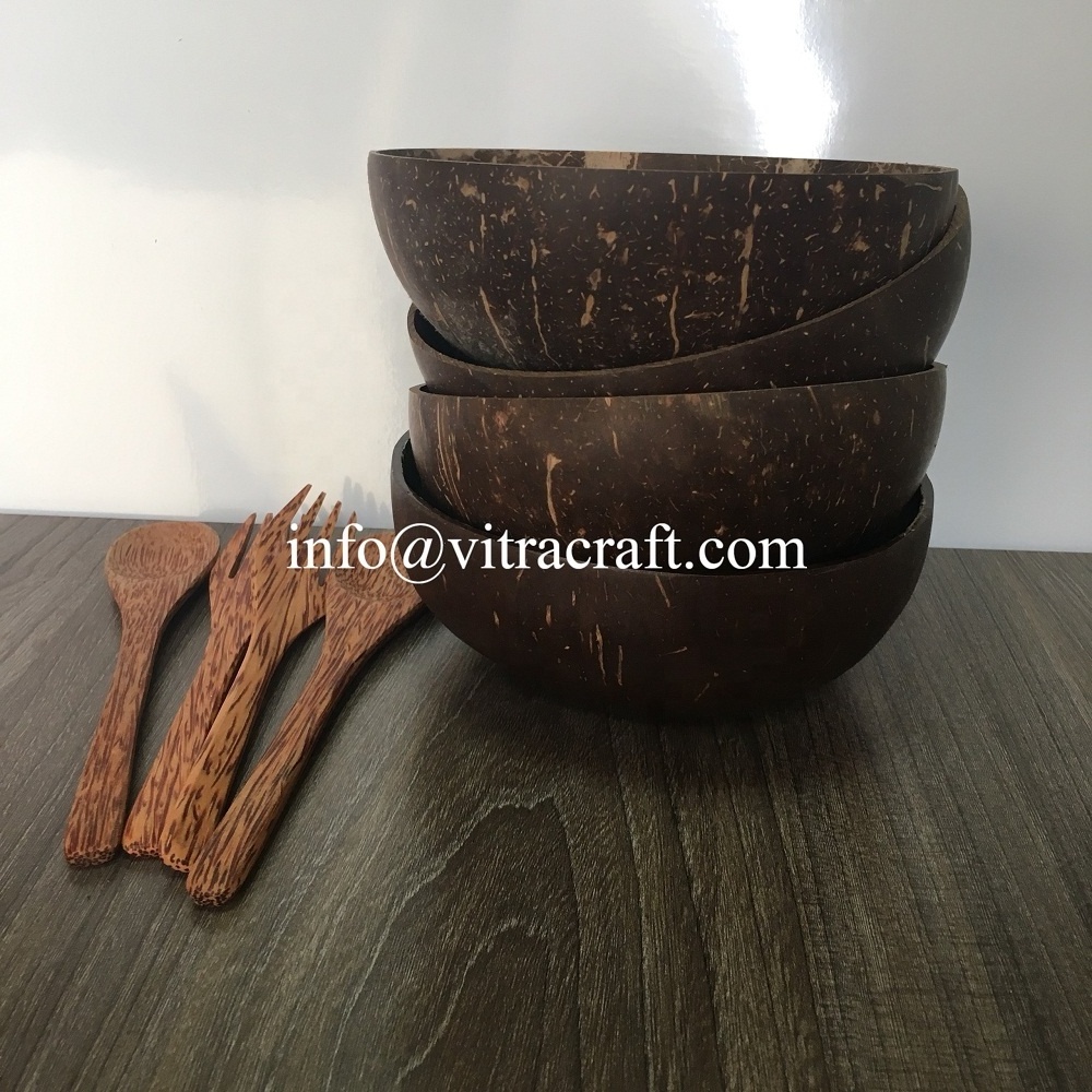 100% Vietnamese natural coconut shell Perfectly Polished Natural Coconut Shell Bowl Salad Bowl Coconut Bowl Spoon and Fork