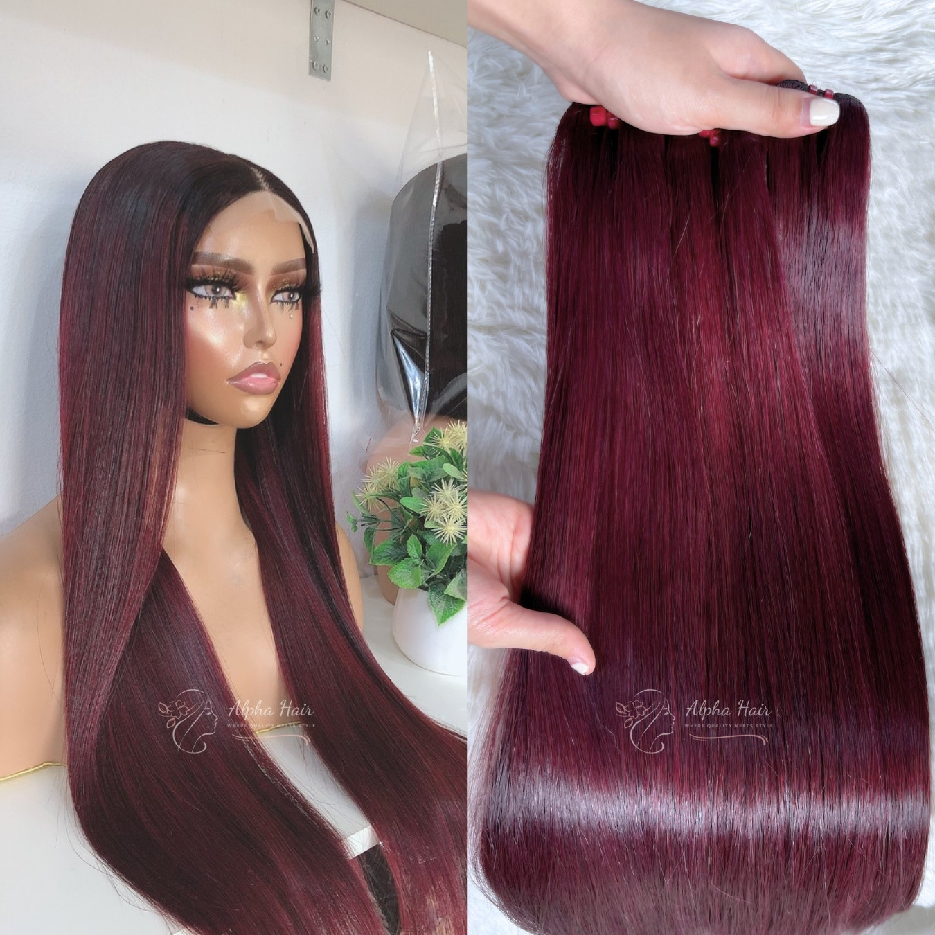 Hottest Wine Color Premium Mirror Bone Straight Hair Extensions Tangle Free Brazilian Hair Bundles Lace Front Wigs Short Wig