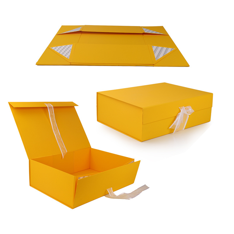 Custom Logo Large Cardboard Magnetic Lid Packaging Paper Packing Folding Rigid Ribbon yellow Gift Box