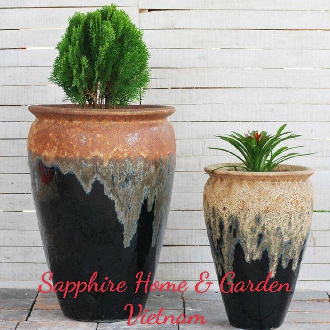 (Sapphire Pottery) Large Vietnamese pottery garden pots for plants by dragon kiln with many fishinings like Atlantis, Glazed pot