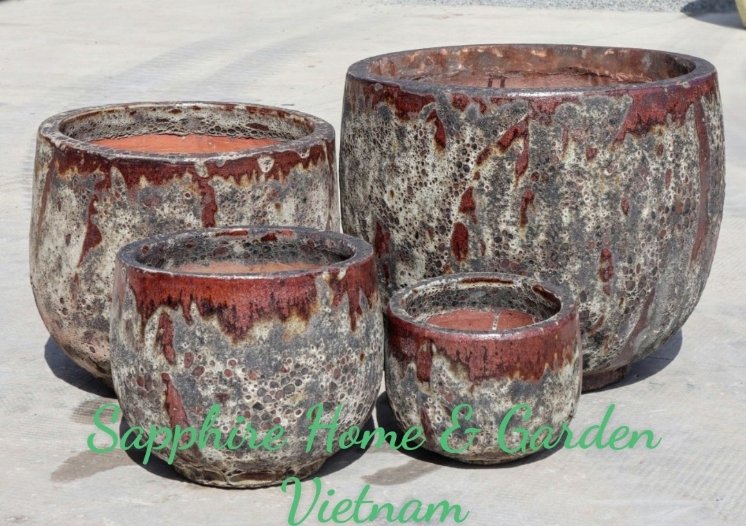 (Sapphire Pottery) Large Vietnamese pottery garden pots for plants by dragon kiln with many fishinings like Atlantis, Glazed pot