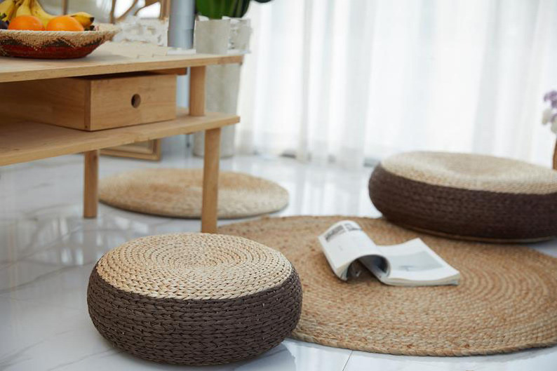 Braided Hand Woven Supply Natural Water Hyacinth Round Cushion Ottoman Made In Vietnam For Decoration