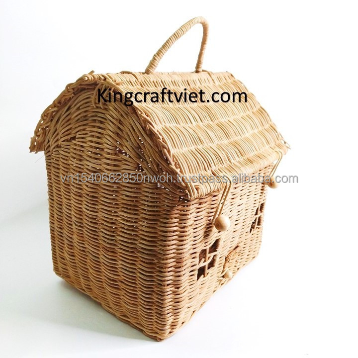 King Craft Viet House-Shaped Rattan Wicker Basket Kids Bag or Room Decor Mushroom Fairy Home Kid's Storage