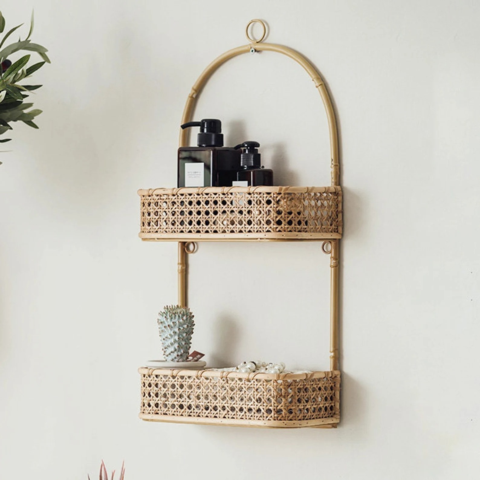 Trendy 2 Tier Rattan Shelf On The Wall Storage Shelf For Kitchen Plant Holder Wall Shelf Handcrafted by Vietnam FBA Amazon