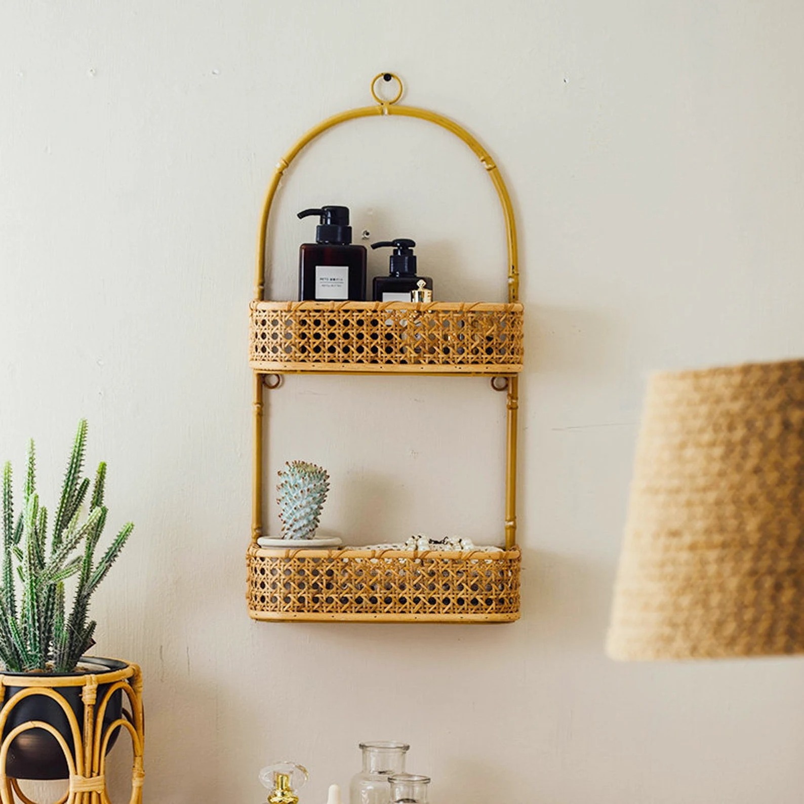 Trendy 2 Tier Rattan Shelf On The Wall Storage Shelf For Kitchen Plant Holder Wall Shelf Handcrafted by Vietnam FBA Amazon