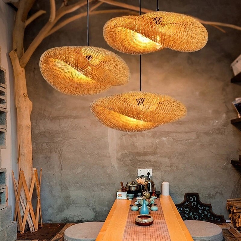 Modern Style Indoor Bamboo Hanging Light Wicker Rattan Lamp Shade Woven Bamboo Chandelier Asian Farmhouse Pendant Light Fixture