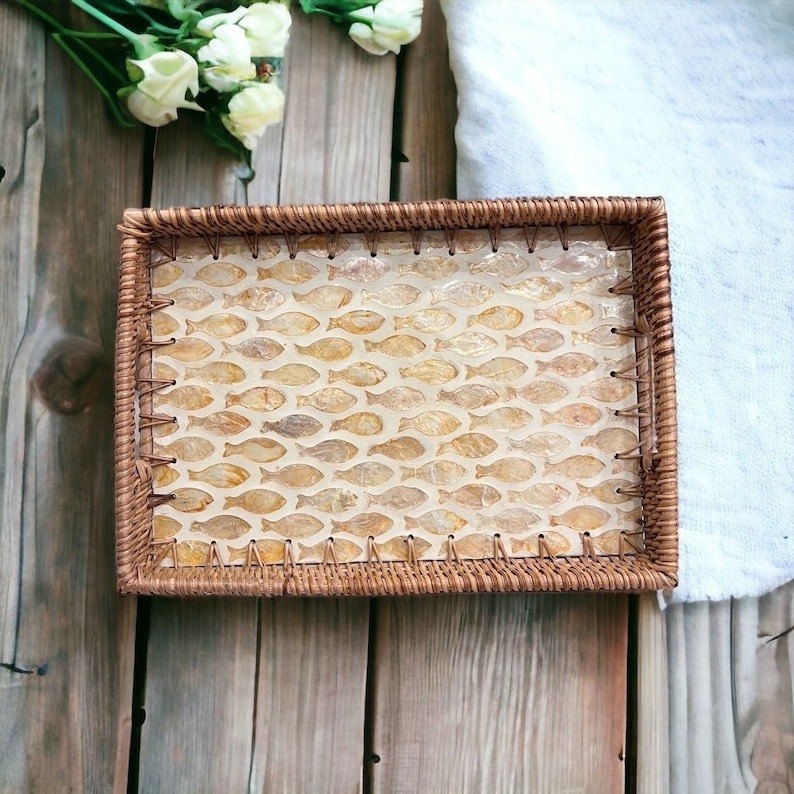 Wholesale Boho Rectangle Shell Inlay Rattan serving tray Wicker rustic table Tray for snack Breakfast Bamboo fruit basket tray