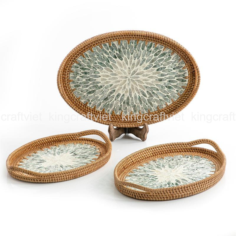 Vietnam Supplier Handmade Ecofriendly Desert Rattan Serving Tray with handle Decor Mother Pearl Inlay Dining Tray Food Basket