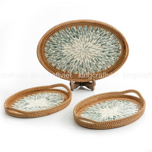 Vietnam Supplier Handmade Ecofriendly Desert Rattan Serving Tray with handle Decor Mother Pearl Inlay Dining Tray Food Basket