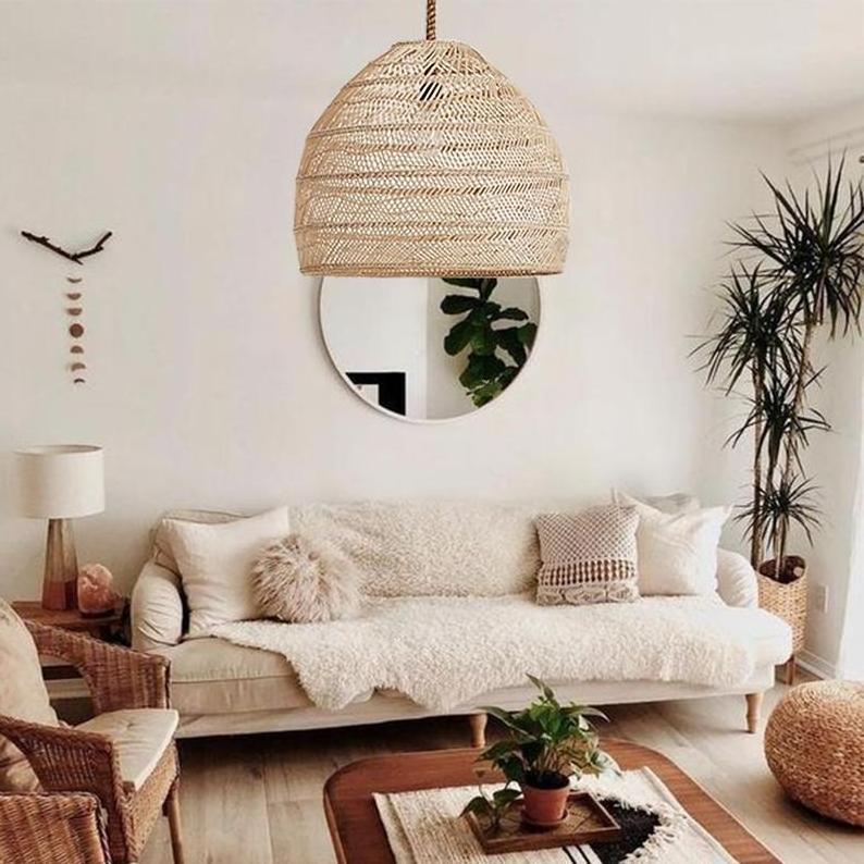 Mid Century Rustic Style Rattan Pendant Light Wicker Lampshade Rattan Lamp Cover Handmade Bamboo Chandelier for Home Decoration