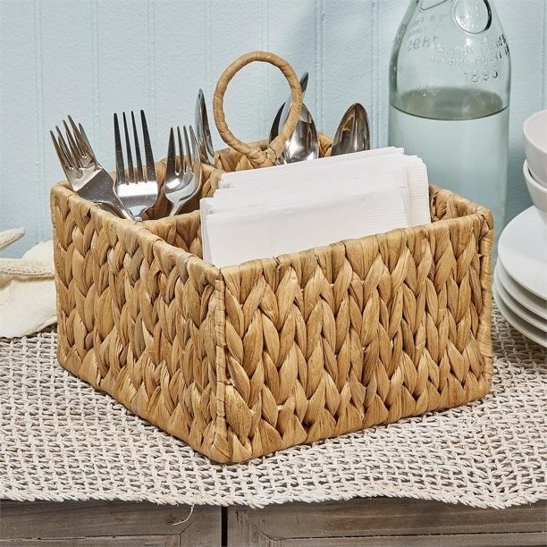 Crafted Seagrass Kitchen Caddy utensils organized 4 compartments Water hyacinth CANE NATURAL WOVEN CUTLERY BASKET with handles