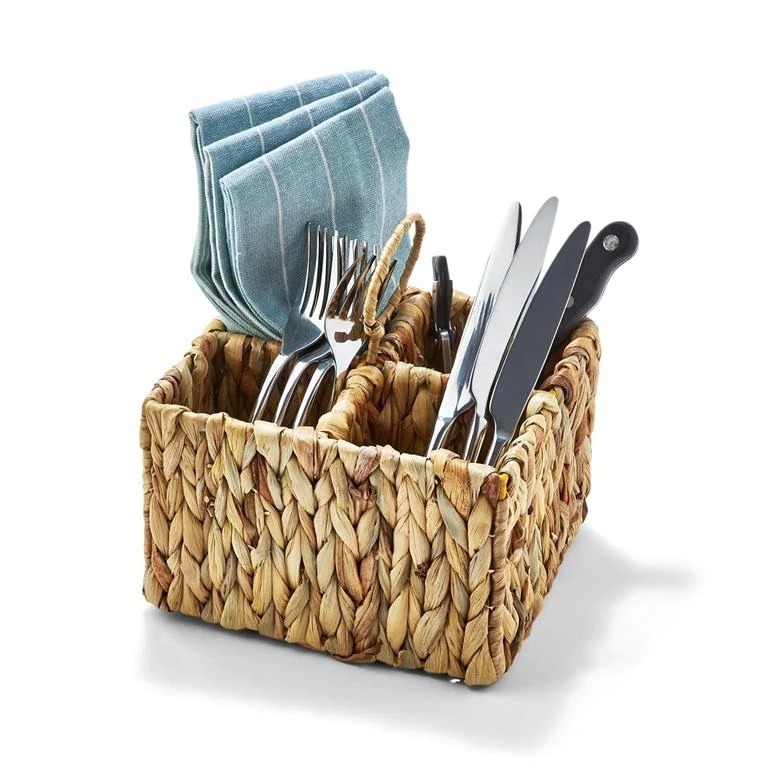 Crafted Seagrass Kitchen Caddy utensils organized 4 compartments Water hyacinth CANE NATURAL WOVEN CUTLERY BASKET with handles