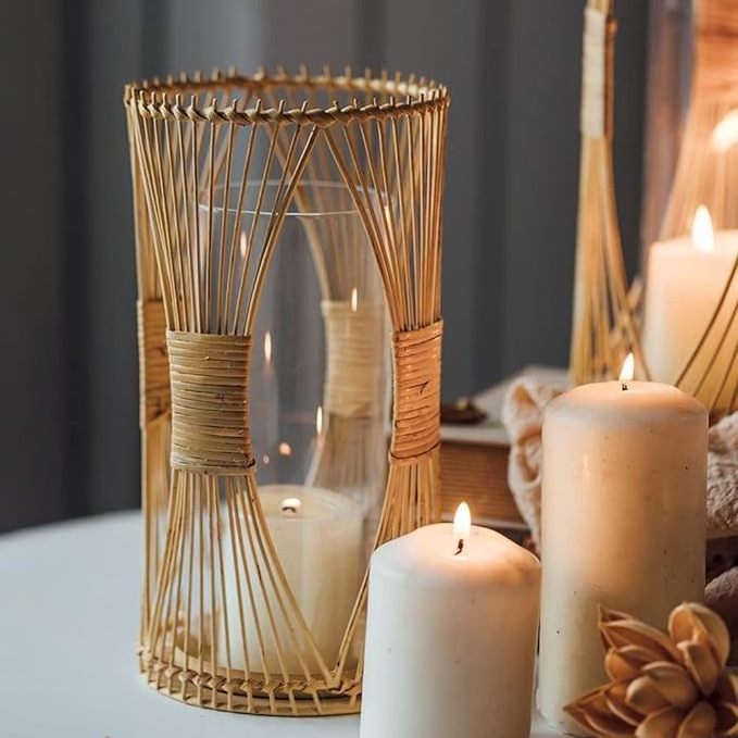 Vietnam Handmade Wicker Rattan Lantern Rustic Bamboo Candle Jars Boho Rattan Candle Holder for Home Decoration Picnic camping