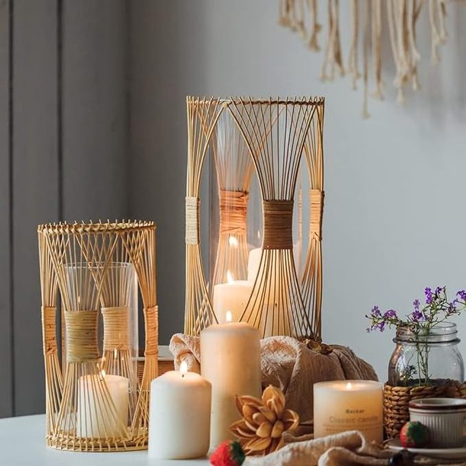 Vietnam Handmade Wicker Rattan Lantern Rustic Bamboo Candle Jars Boho Rattan Candle Holder for Home Decoration Picnic camping