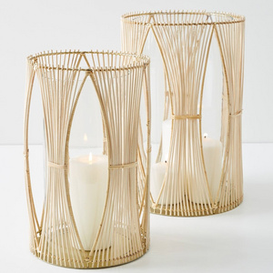 Vietnam Handmade Wicker Rattan Lantern Rustic Bamboo Candle Jars Boho Rattan Candle Holder for Home Decoration Picnic camping