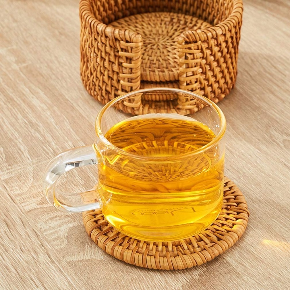 Set of Rattan Placemats Handmade Glass Cup Base Round Dining Placemat Table Mats Charger Plates Table Decoration made in Vietnam