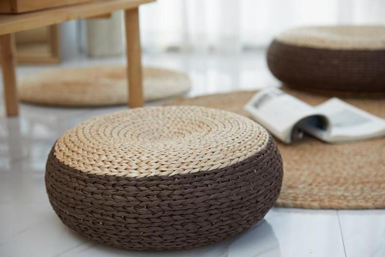 Braided Hand Woven Supply Natural Water Hyacinth Round Cushion Ottoman Made In Vietnam For Decoration