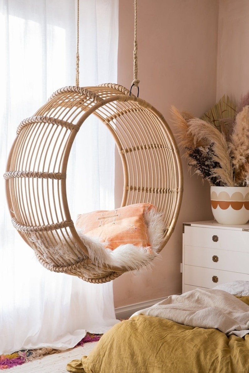 Round Handwoven Vietnamese Hanging rattan swing chair Wicker Caned Rattan Hanging Egg Chair home Living Room Garden Patio Swing