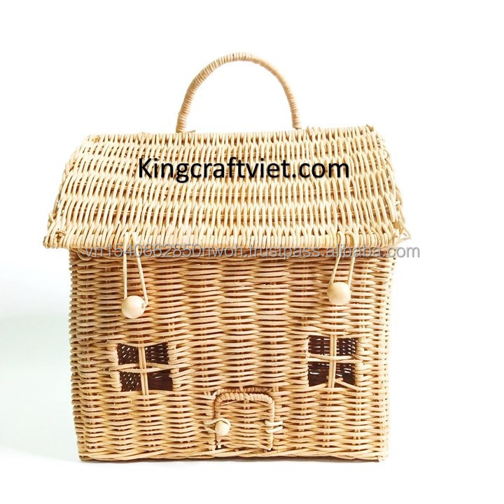 King Craft Viet House-Shaped Rattan Wicker Basket Kids Bag or Room Decor Mushroom Fairy Home Kid's Storage