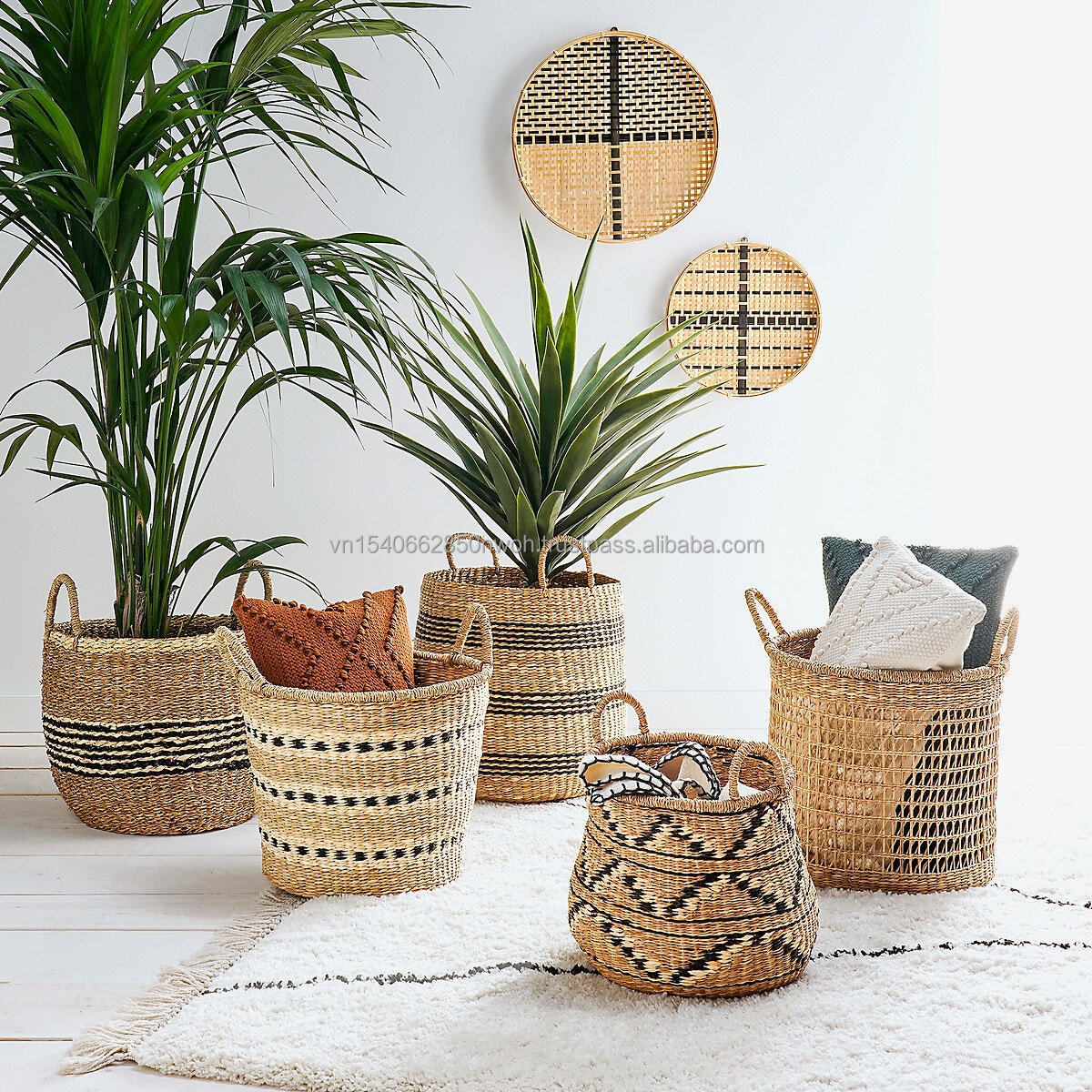 Rectangle Braided seagrass baskets with handles Natural straw holder basket rattan woven storage laundry basket Christmas gift