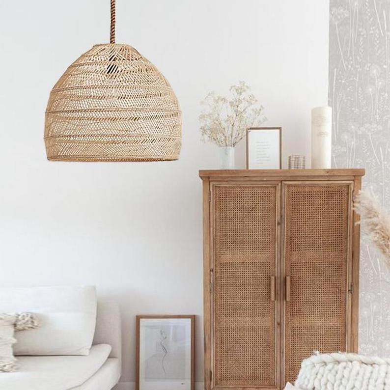 Mid Century Rustic Style Rattan Pendant Light Wicker Lampshade Rattan Lamp Cover Handmade Bamboo Chandelier for Home Decoration