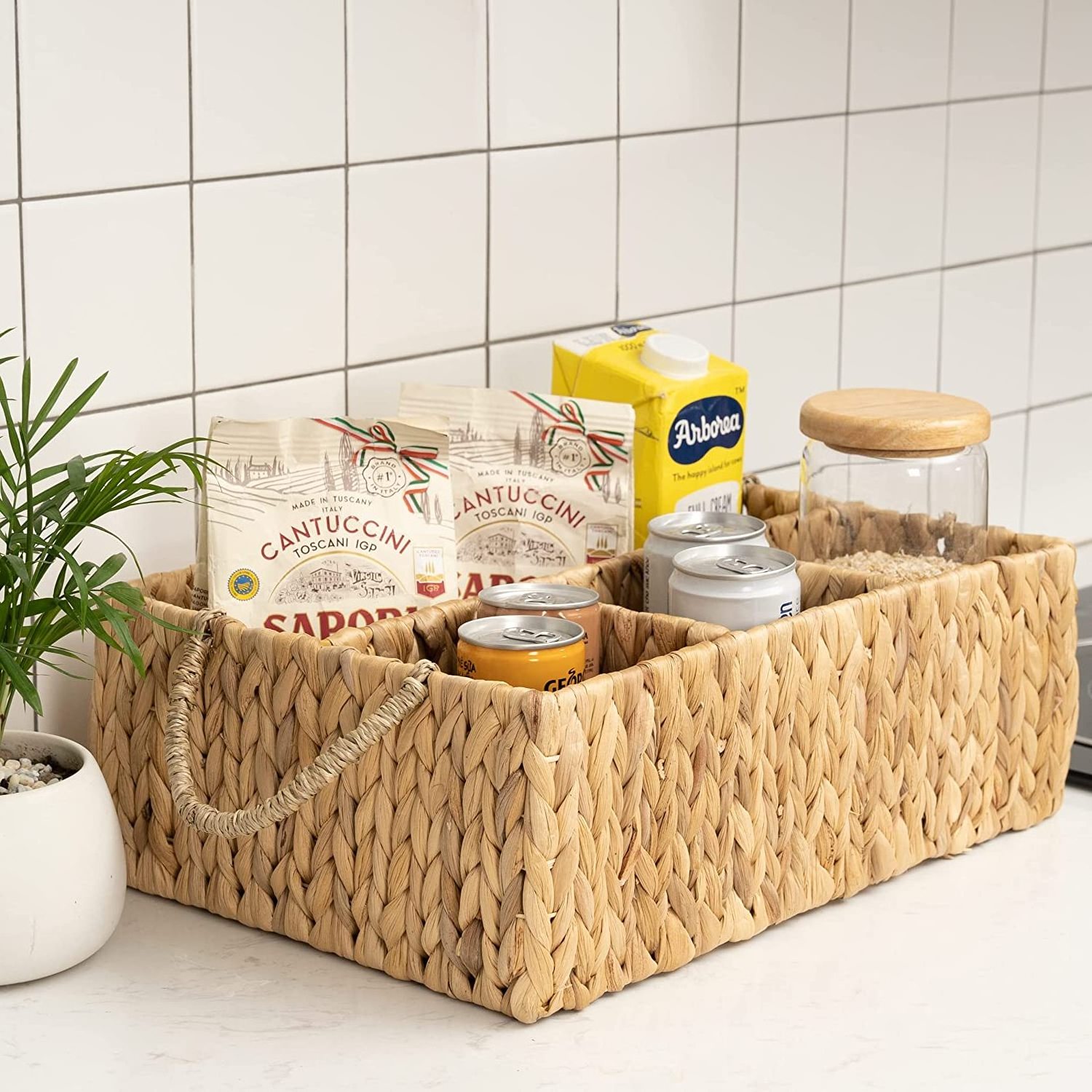 Crafted Seagrass Kitchen Caddy utensils organized 4 compartments Water hyacinth CANE NATURAL WOVEN CUTLERY BASKET with handles