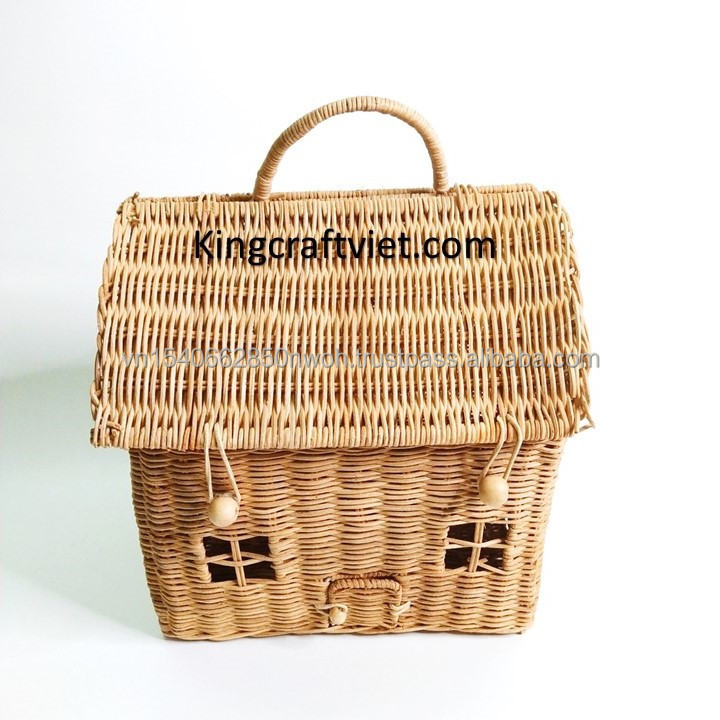 King Craft Viet House-Shaped Rattan Wicker Basket Kids Bag or Room Decor Mushroom Fairy Home Kid's Storage